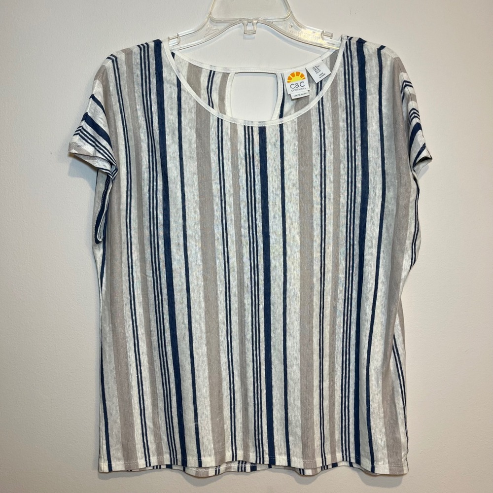 C&C California Shirt 100% Linen T-Shirt Short Sleeve Tee Blue Ivory Stripe Med